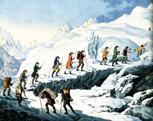 2ème Ascension du Mont Blanc par Horace-Bénédict de Saussure août 1787, gravure colorée par Marquardt Wocher publiée en 1790