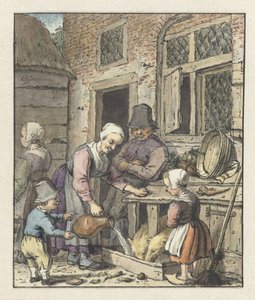 Famille de paysans nourrissant les cochons