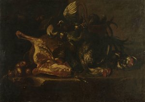Nature morte avec viande et oiseaux morts