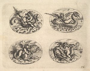 Quatre ovales avec génies, planches du Neue Grotessken Buch, 1610