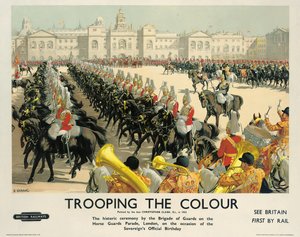 Défilé de la Couleur, affiche publicitaire pour les chemins de fer britanniques, vers 1950