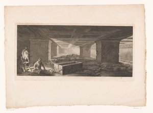 Chambre funéraire étrusque à Tarquinia avec à gauche un dessinateur éclairé par une torche - Christopher Norton