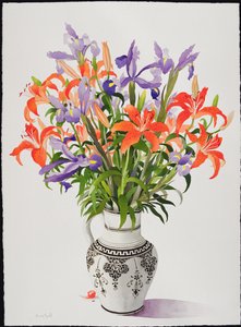 Fleurs dans un pichet noir et blanc