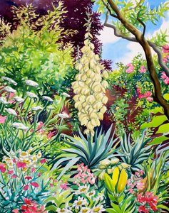 Jardin avec yucca en fleurs