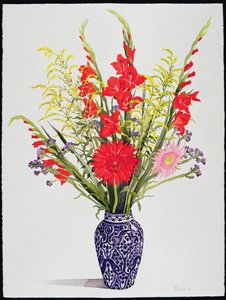 Lys tigrés, glaïeuls et scabieuses dans un vase marocain bleu - Christopher Ryland