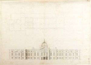 Palais de Hampton Court, plan partiel et élévation esquissée pour une façade d