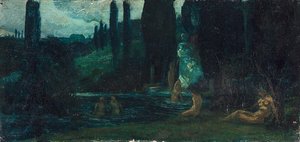 French : Femmes se baignant le soir dans un paysage méridional - Circle of Arnold Böcklin