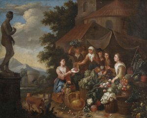 Vente de légumes et de fleurs sur un marché italien - Circle of Norbert van Bloemen