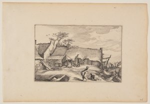 Ferme, homme portant un panier au premier plan, extrait de Paysages (Verscheyden aerdige Lanthuysen...) - Claes Jansz. Visscher