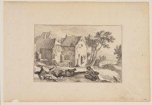 Cour de ferme, berger au repos au premier plan, extrait de Paysages (Verscheyden aerdige Lanthuysen...) - Claes Jansz. Visscher