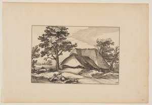 Granges, troupeau au repos et chien au centre au premier plan, extrait de Paysages (Verscheyden aerdige Lanthuysen...)