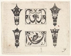 Gravure en noir avec deux panneaux horizontaux et quatre cabochons