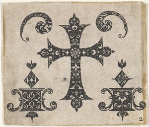 Gravure en noir avec une croix latine et de petits motifs, vers 1620