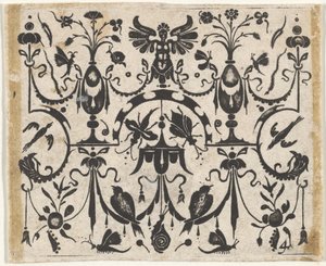 Gravure en noir avec un motif grotesque symétrique, vers 1620