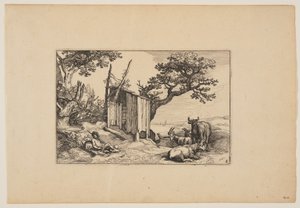 Grange délabrée avec troupeau et bétail, extrait de Paysages (Verscheyden aerdige Lanthuysen...) - Claes Jansz. Visscher