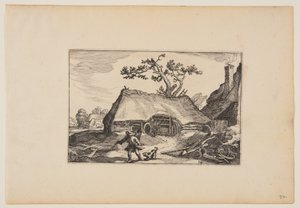 Ferme avec hangar pour charrette, homme avec chien aboyant, from Paysages