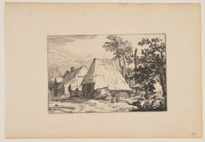Cour de ferme, homme se reposant sur une clôture à gauche du centre, extrait de Paysages (Verscheyden aerdige Lanthuysen...)