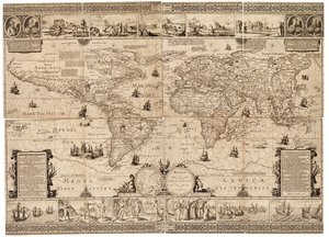 La feuille est un composite de huit sections et une gravure, collée sur carton. Échelle : environ 1:35,000,000. - Claes Jansz Visscher