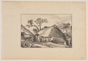 Deux granges, charrette à gauche, extraites de Paysages (Verscheyden aerdige Lanthuysen...)