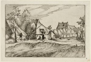 Fermes dans un village, planche huit après Images de fermes, de maisons de campagne et de villages rustiques (Praediorum villarum et rusticarum casularum icones)