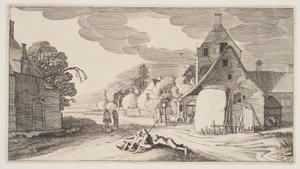 Trois paysans se reposant à un carrefour dans un village, extrait de Paysages (Playsante Lantschappen) - Claes Jansz. Visscher II