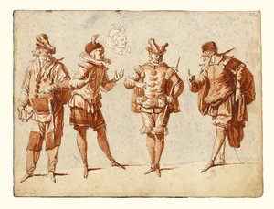 Quatre personnages en costume de théâtre
