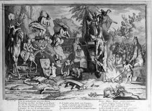 Cérémonies du sabbat, démons, sorcières et créatures monstrueuses dansant. Gravure par Gillot