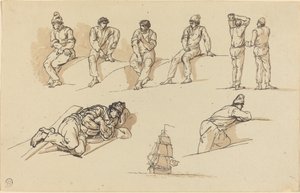 Huit études de figures et un navire en mer