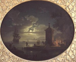 Nuit : Un paysage côtier au clair de lune avec des pêcheurs près d