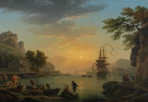 Paysage au coucher de soleil avec retour de pêche