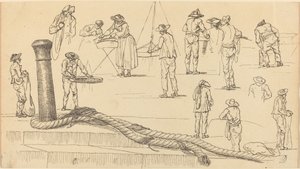 Figures sur le quai et une longueur de corde attachée à une bitte d