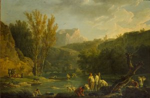 Scène de rivière avec baigneurs