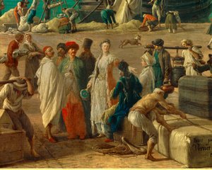 (détail) Le port de Marseille au XVIIIe siècle. Détail représentant le déchargement des marchandises. Peinture de Joseph Vernet (1714-1789) XVIIIe siècle Paris. Musée de la Marine - Claude Joseph Vernet