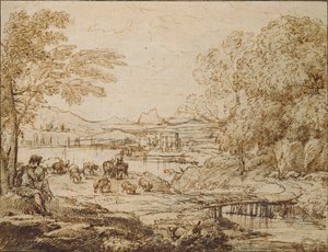 Jeune homme jouant de la flûte dans un paysage pastoral - Claude Lorrain