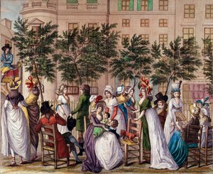 La mode sous le Directoire : « Le petit Coblentz », la promenade Boulevard des Italiens à Paris. Lithographie par Claude Louis Desrais (1746-1816) 1798. Paris, Musée Carnavalet