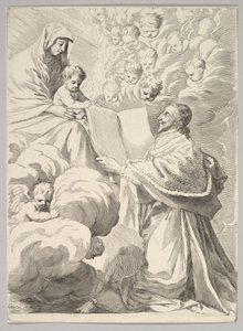 Le Cardinal Richelieu, à genoux, présente son livre à la Vierge et l
