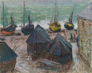 Bateaux sur la plage à Étretat