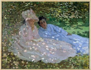 Madame Monet et une amie dans le jardin. Deux femmes assises à l