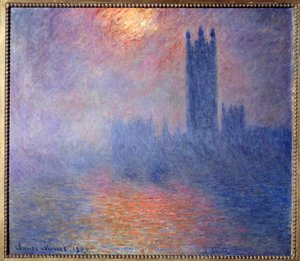 Les Chambres du Parlement, Londres, avec le soleil perçant le brouillard