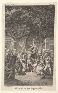 Un jeune garçon tient une torche sous des arbres dans un jardin, au centre un homme lève les deux bras, vers 1784