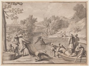 Août : Pêche, vers 1700 (encre) - Claude Simpol