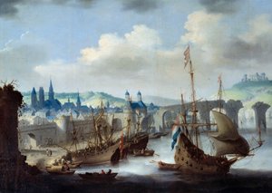 Vue de la ville de Rouen. Les navires sont amarrés sur les rives de la Seine. Peinture de Claude de Jongh - Claude de Jongh