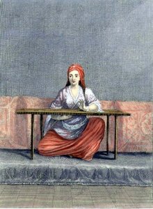 Femme turque brodant, gravée par C. du Bose, début du XVIIIe siècle