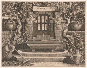 Plaque de titre avec fontaines rustiques et dédicace, tirée de Pastorales