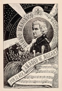Représentation du compositeur autrichien Wolfgang Amadeus Mozart (1756-1791), membre franc-maçon associé au Dictionnaire Encyclopédique de la Franc-Maçonnerie, fin 19e - début 20e siècle (gravure)