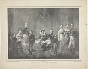 Portrait de famille de Guillaume Ier Frédéric, roi des Pays-Bas, Wilhelmine de Prusse, leurs fils avec épouses, leur fille et quatre petits-enfants
