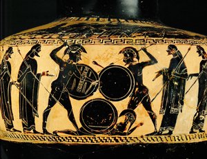 Scène de combat. Un hoplite blessé ou mort gît sur le sol. Hydrie à figure noire, identique à celle de 10-03-03/46 ... - Cleimachos Cleimachos