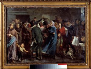 La queue à la boucherie. Les habitants affamés de Paris attendent leur tour chez le boucher pendant la guerre de 1870-1871 contre la Prusse. Peinture de Clément Auguste Andrieux