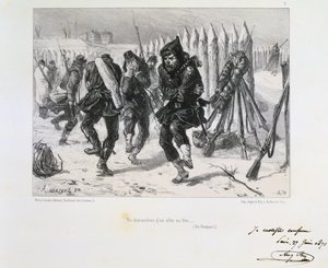 Guerre franco-prussienne 1870-1871. Siège de Paris 19 sept 1870-28 jan 1871. Soldats sur les remparts sautant pour se réchauffer. D