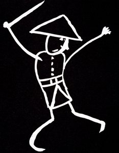 Personnage avec chapeau, uniforme et ailes. Dessin animé par Emile Cohl (1857-1938) en blanc sur noir